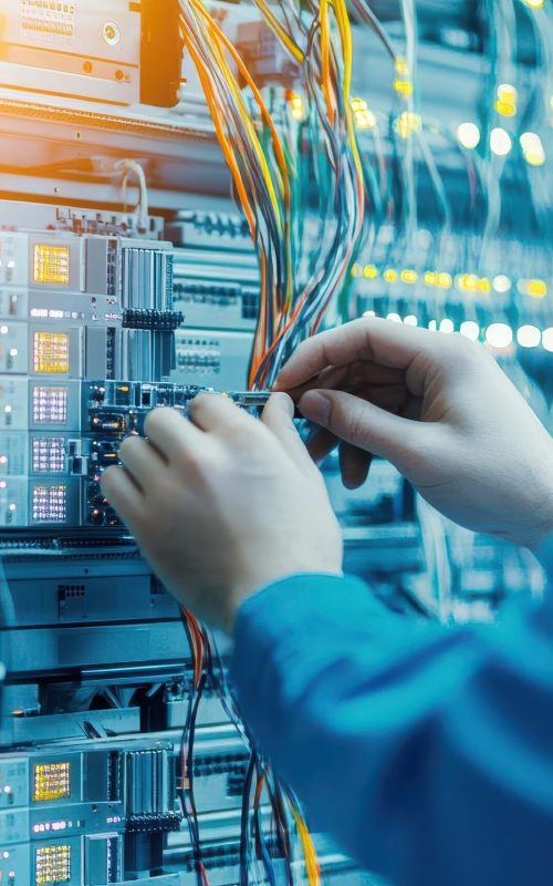 Technician working on a server in a data center environment representing it infrastructure and technology management.
